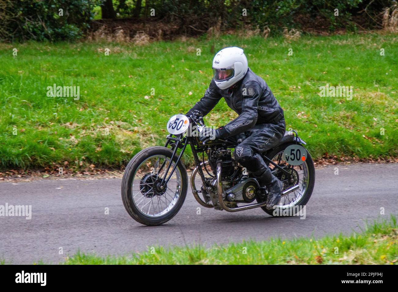 Bike No.50 1930 30s thirties Rudge Sprinter motorcycle ridden by Richard Morgan, at the HOGHTON TOWER SPRINT COURSE 1/8th timed mile drive. Stock Photo