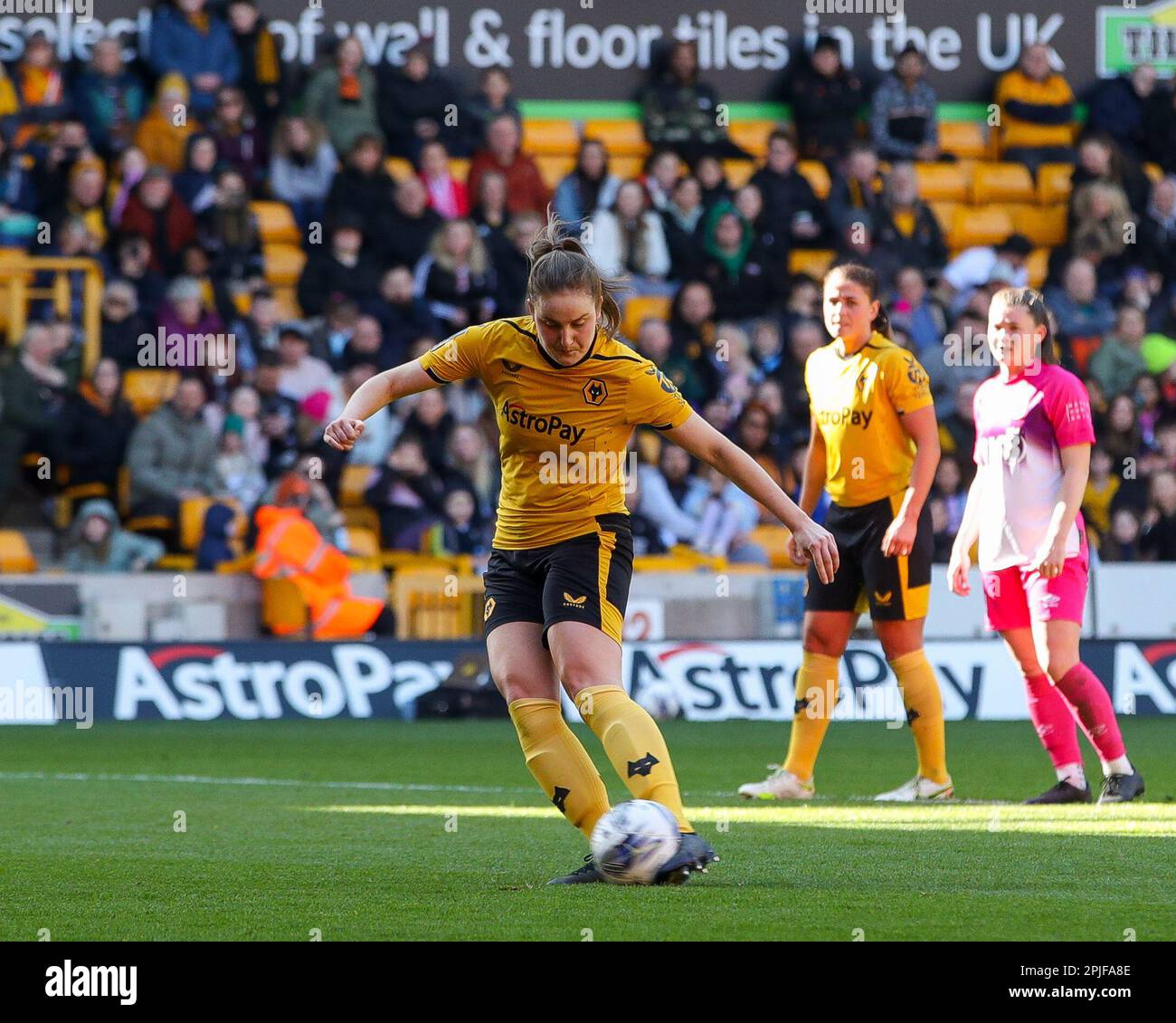 Wolverhampton, UK. 02nd Apr, 2023. Wolverhampton Wanderers' #3, Anna Morphet scores the penalty awarded for a foul on Tammi George to make it 4-0, taken on 02 Apr 2023 at Wolverhampton Wanderers Football Club, The Molineux, Wolverhampton, UK during the FA Women’s National League Northern Premier Division fixture between Wolverhampton Wanderers & Huddersfield Town Credit: Stu Leggett/Alamy Live News Stock Photo