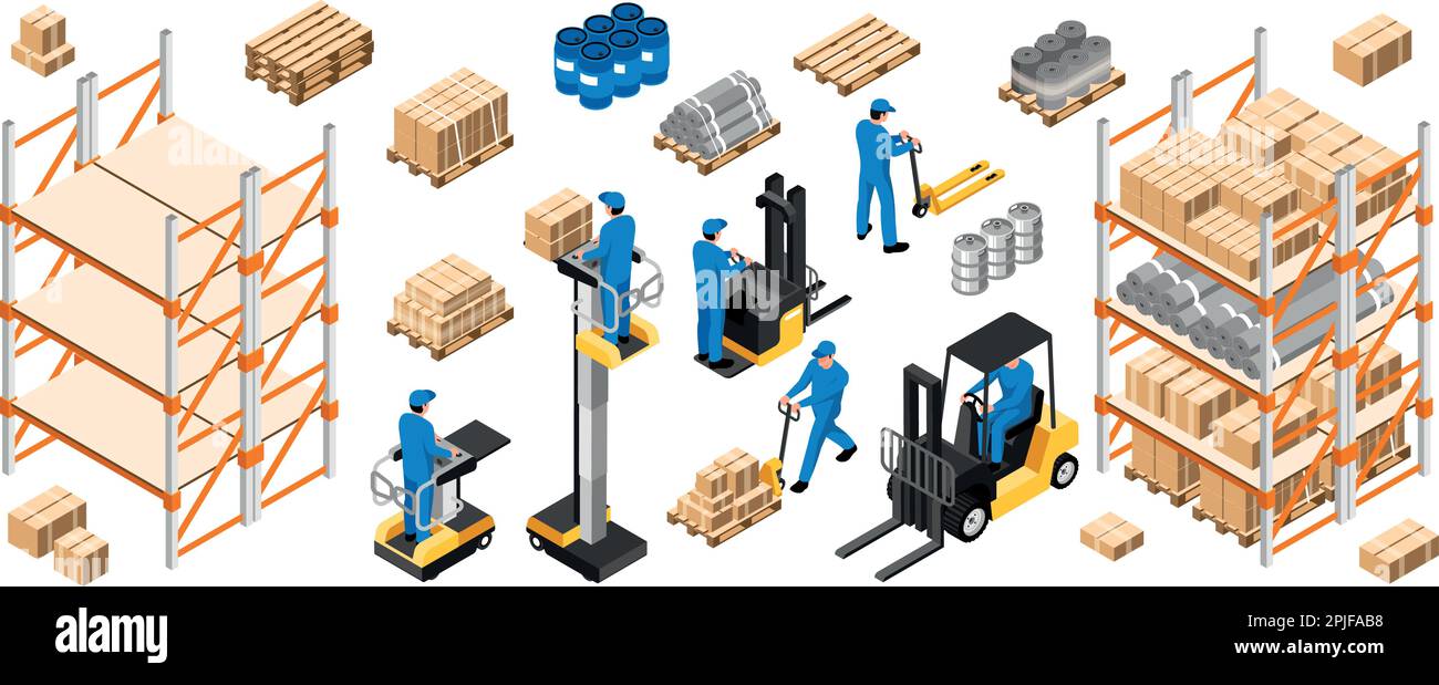 Warehouse interior with cardboard boxes, lift and cargo trucks. Staff surrounded by boxes on rack and transport of storehouse interior. pallet trucks, Stock Vector