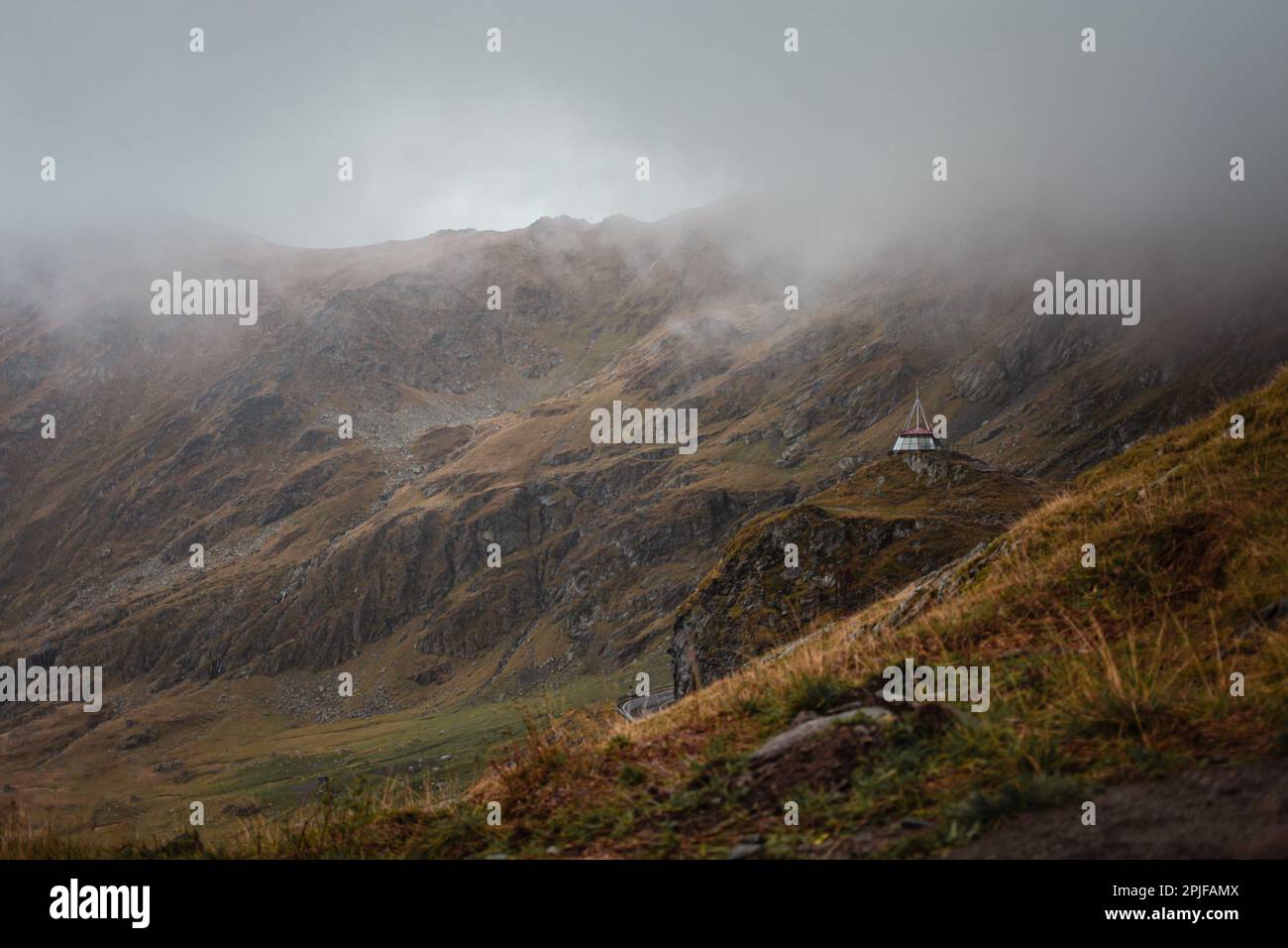 Landscape in Romania, Carpathian Mountains. Foggy morning, rainy ...