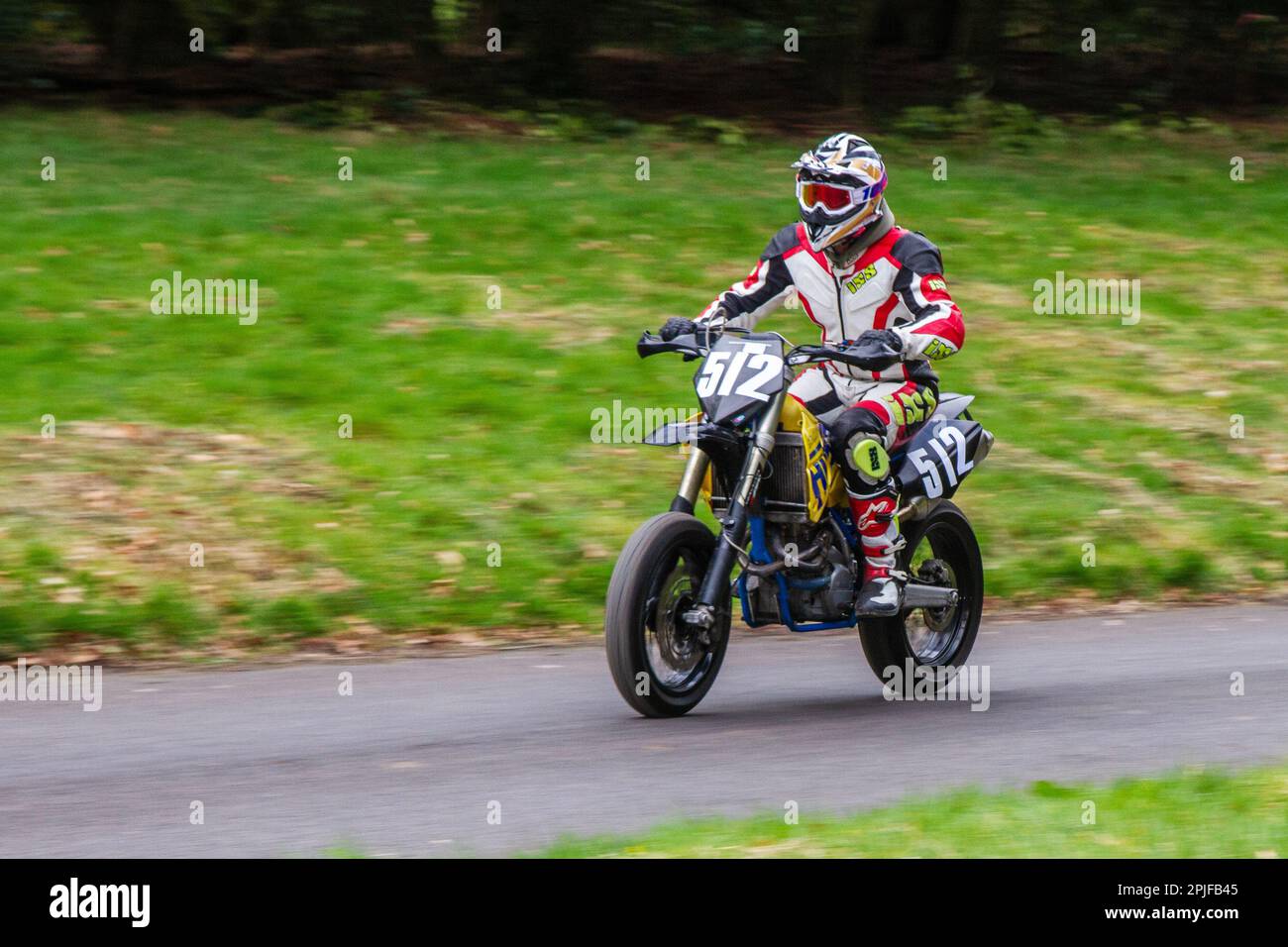 Bike No.512;  Chris Davies 14 N/A Husaberg 650 Supermoto at the 2023 HOGHTON TOWER SPRINT COURSE 1/8th timed mile drive. Stock Photo