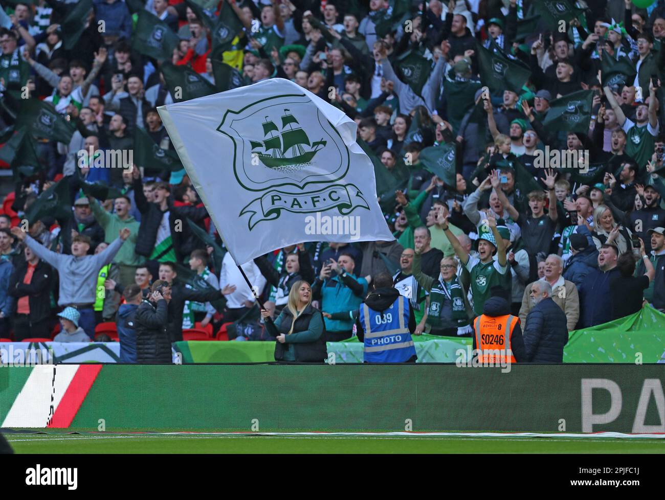 Wembley Stadium, London, UK. 2nd Apr, 2023. Papa Johns Trophy Football Final, Bolton Wanderers versus Plymouth Argyle; Giant Plymouth Argyle flag is waved Credit: Action Plus Sports/Alamy Live News Stock Photo