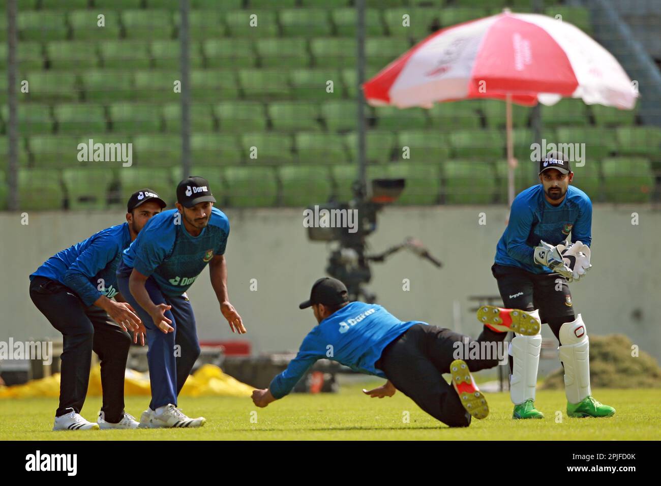 Bangladesh Test Cricket Team attends practice session ahead of their alpne Test match at Sher-e-Bangla National Cricket Stadium, Mirpur, Dhaka, Bangla Stock Photo