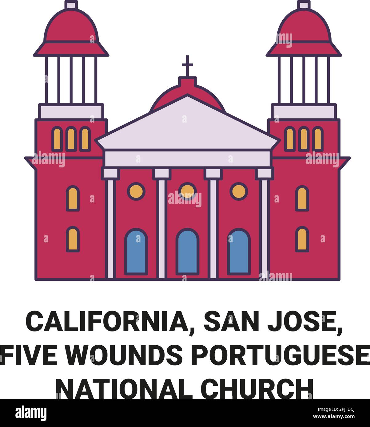 United States, California, San Jose, Five Wounds Portuguese National Church travel landmark vector illustration Stock Vector
