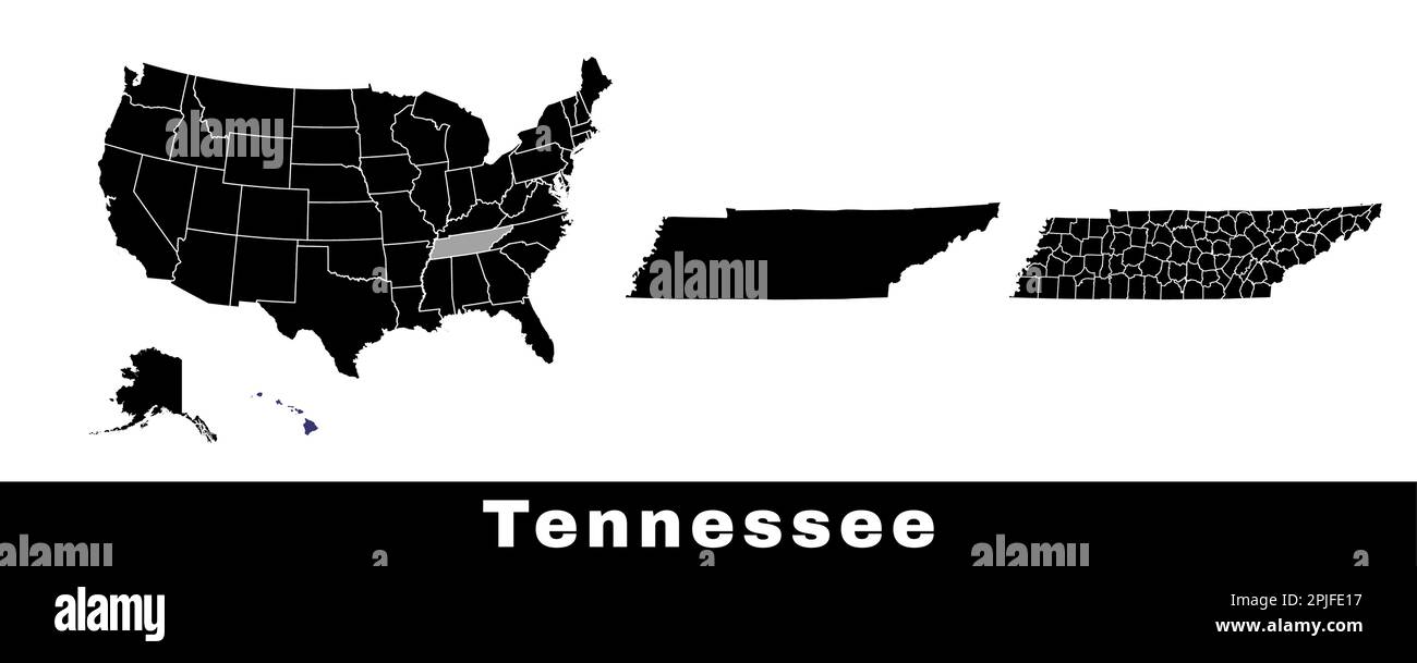 Tennessee state map, USA. Set of Tennessee maps with outline border, counties and US states map. Black and white color vector illustration. Stock Vector