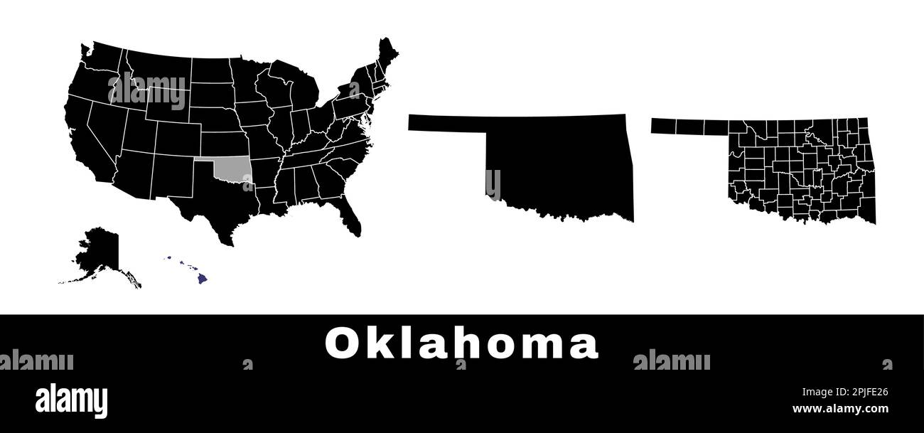 Oklahoma state map, USA. Set of Oklahoma maps with outline border