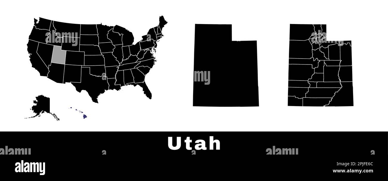 Utah state map, USA. Set of Utah maps with outline border, counties and US states map. Black and white color vector illustration. Stock Vector