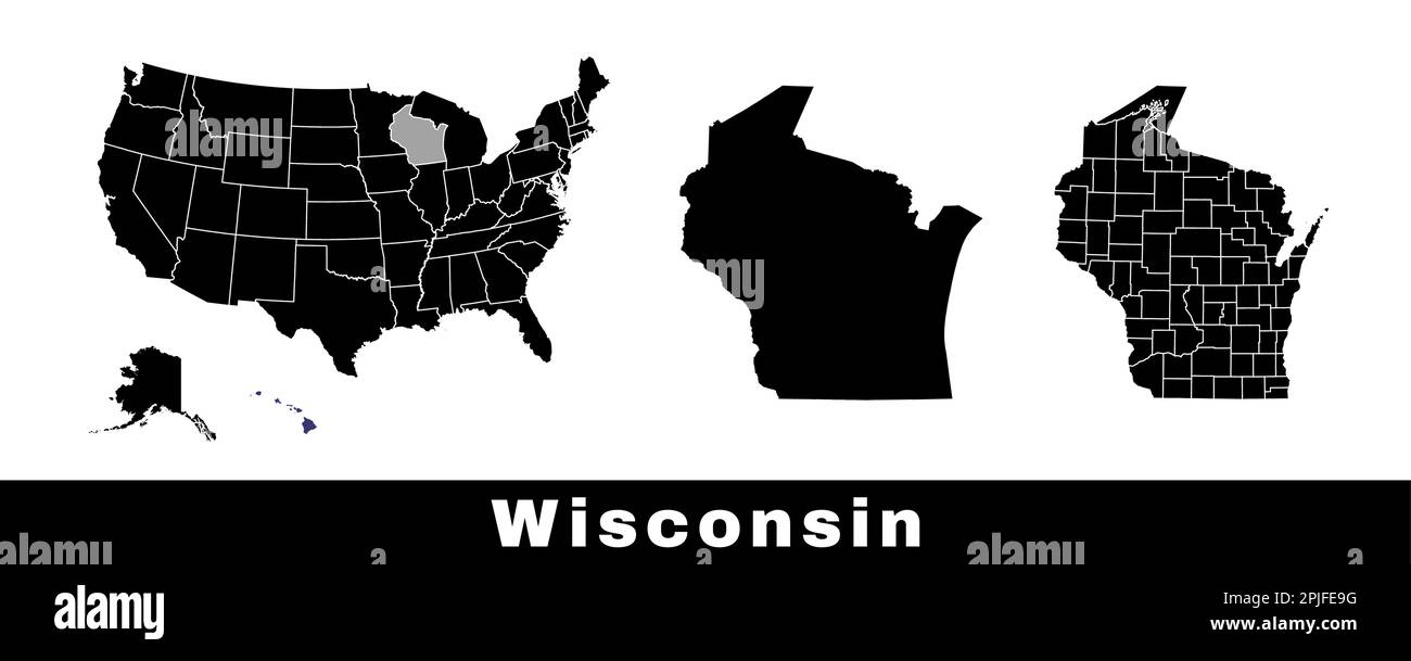 Wisconsin state map, USA. Set of Wisconsin maps with outline border, counties and US states map. Black and white color vector illustration. Stock Vector