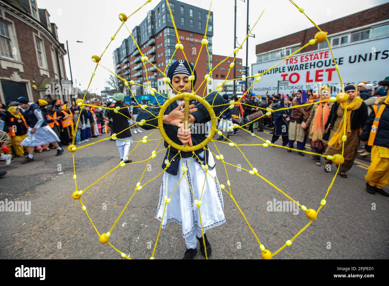 London, UK. 02nd Apr, 2023. Martial Arts demonstration, Sikh Vaisakhi celebrates the birth of the Khalsa, the day Sikhism was born as a collective faith, which happened in 1699. It is estimated that around 30 million follow Sikhism worldwide, and 400,000 people in the UK are Sikh. Huge crowds lined up the streets of Hounslow, for the annual Sikh Vaisakhi Festival. Credit: Paul Quezada-Neiman/Alamy Live News Stock Photo