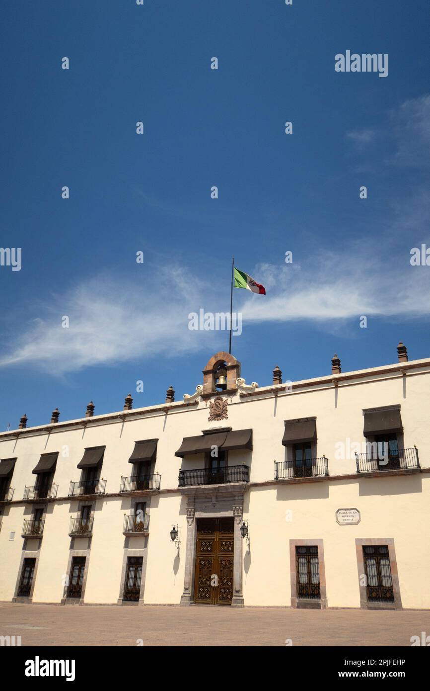 A Queretaro City Mexico downtown Plaza Independencia with mexico flag Stock Photo