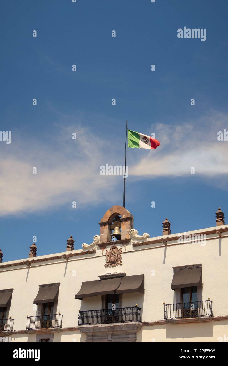 A Queretaro City Mexico downtown Plaza Independencia with mexico flag Stock Photo