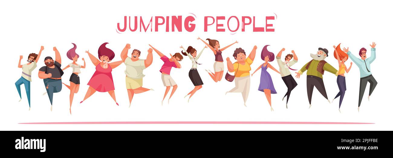 Happy people of different ages jumping set. Funny teens and aged guy, girl jumps together for celebration, victory team of smiling students celebrates Stock Vector