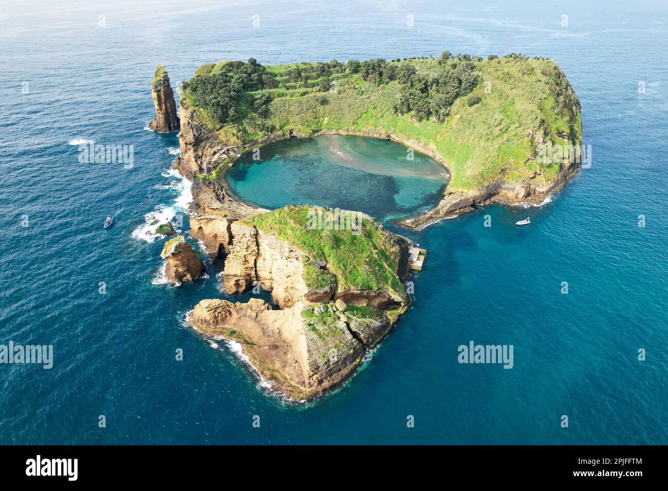 Vila Franca Islet, also known as the Princess Ring is a vegetated uninhabited islet located off the south central coast of the island of Sao Miguel in Stock Photo