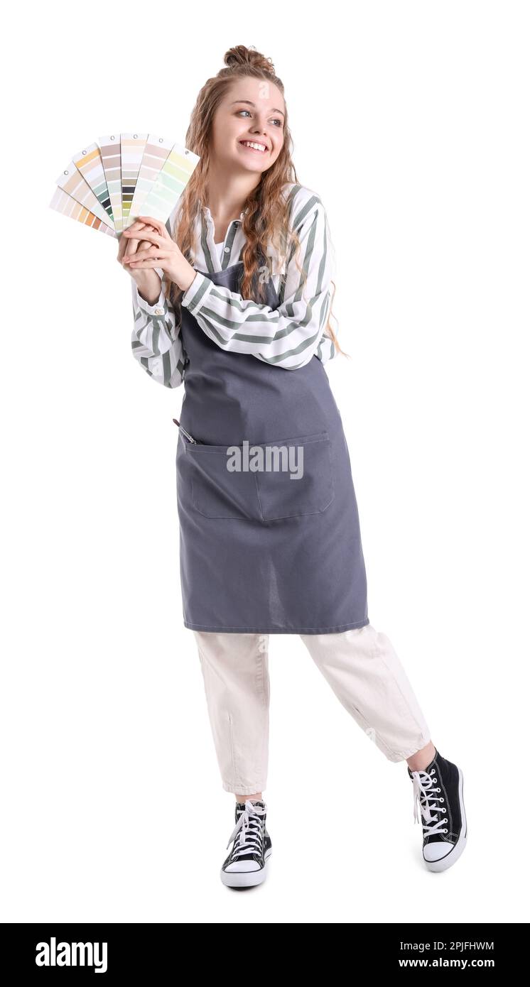 Female artist with paint color palettes on white background Stock Photo ...