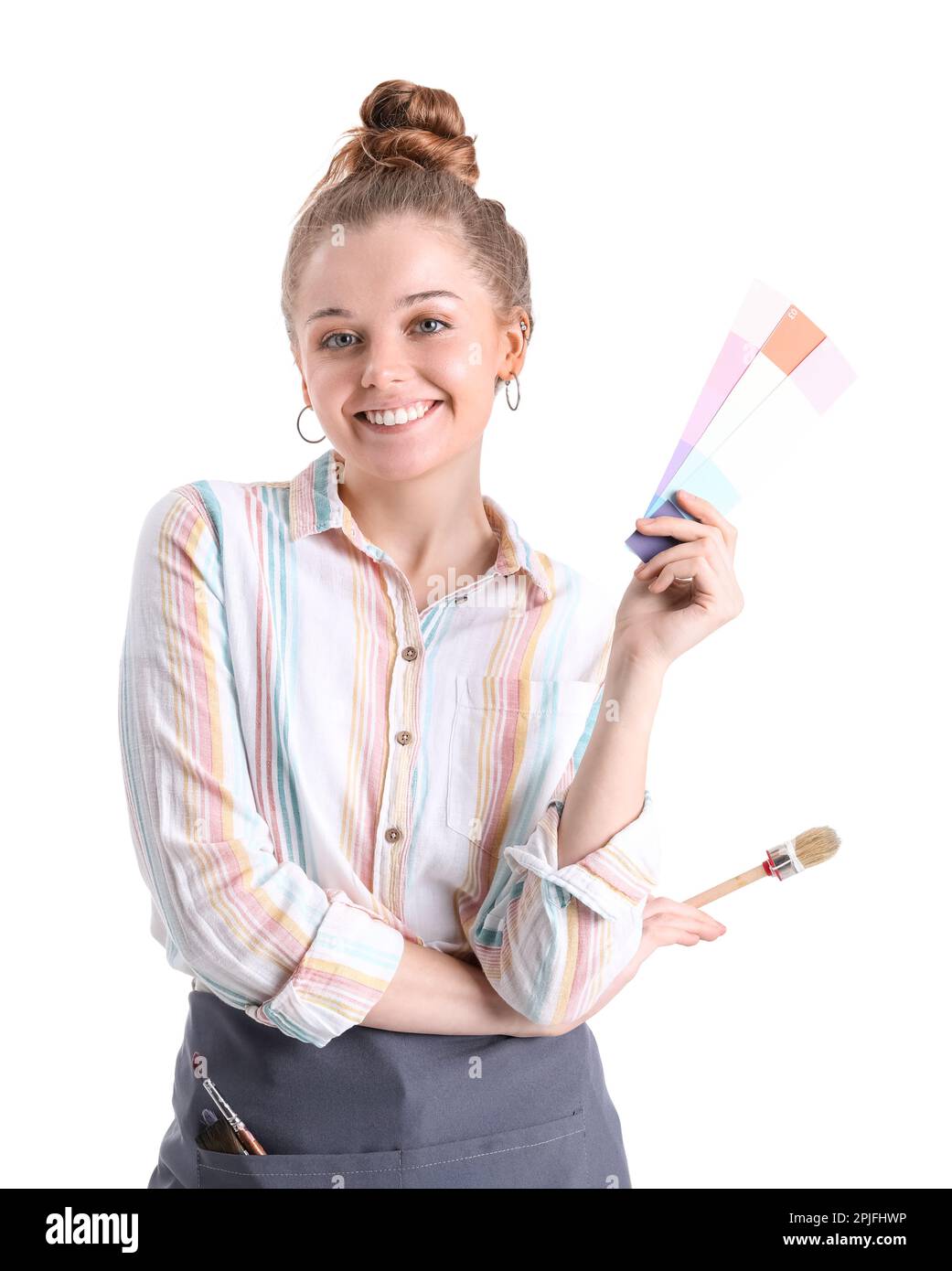 Female artist with paint color palettes and brush on white background ...