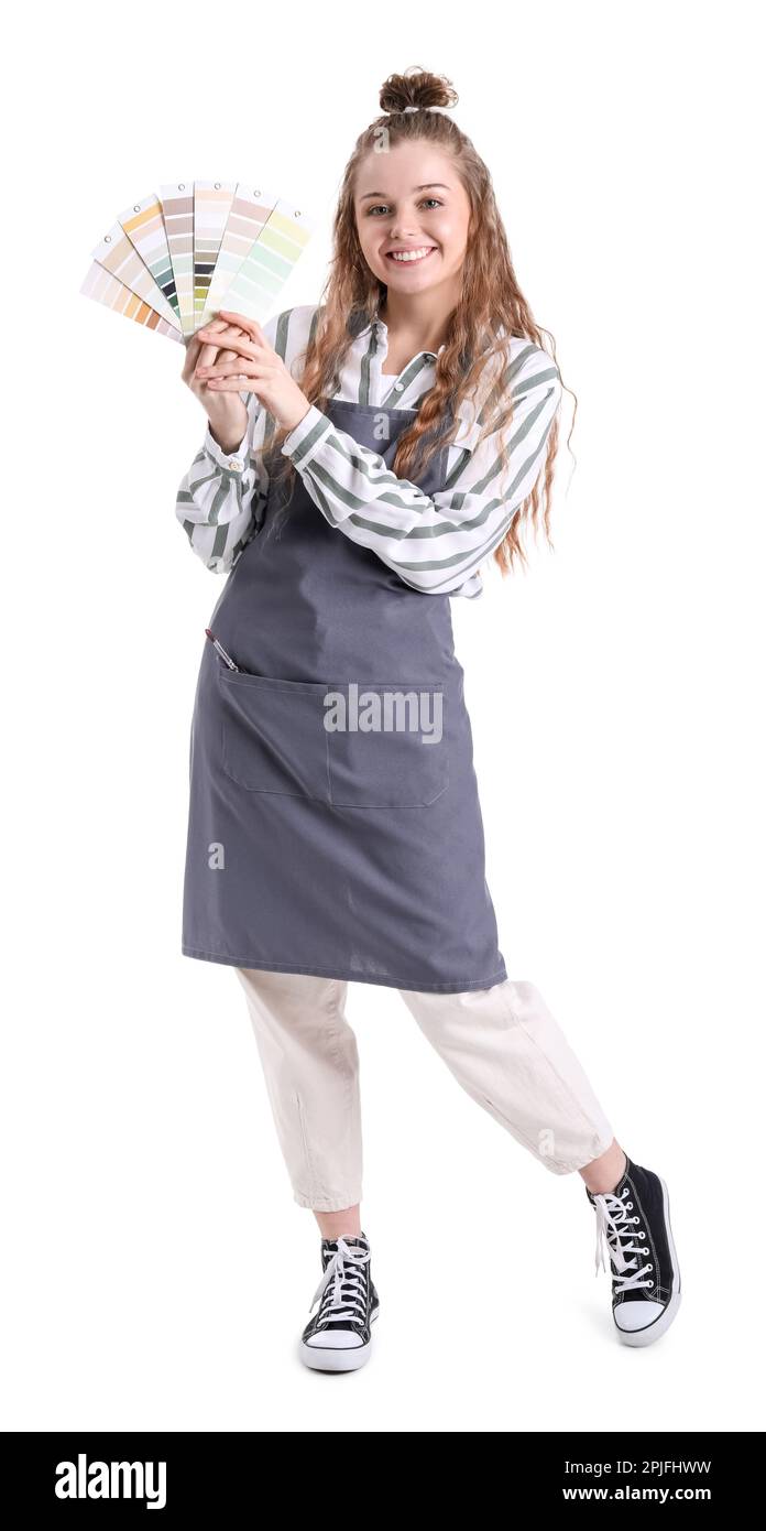 Female artist with paint color palettes on white background Stock Photo ...
