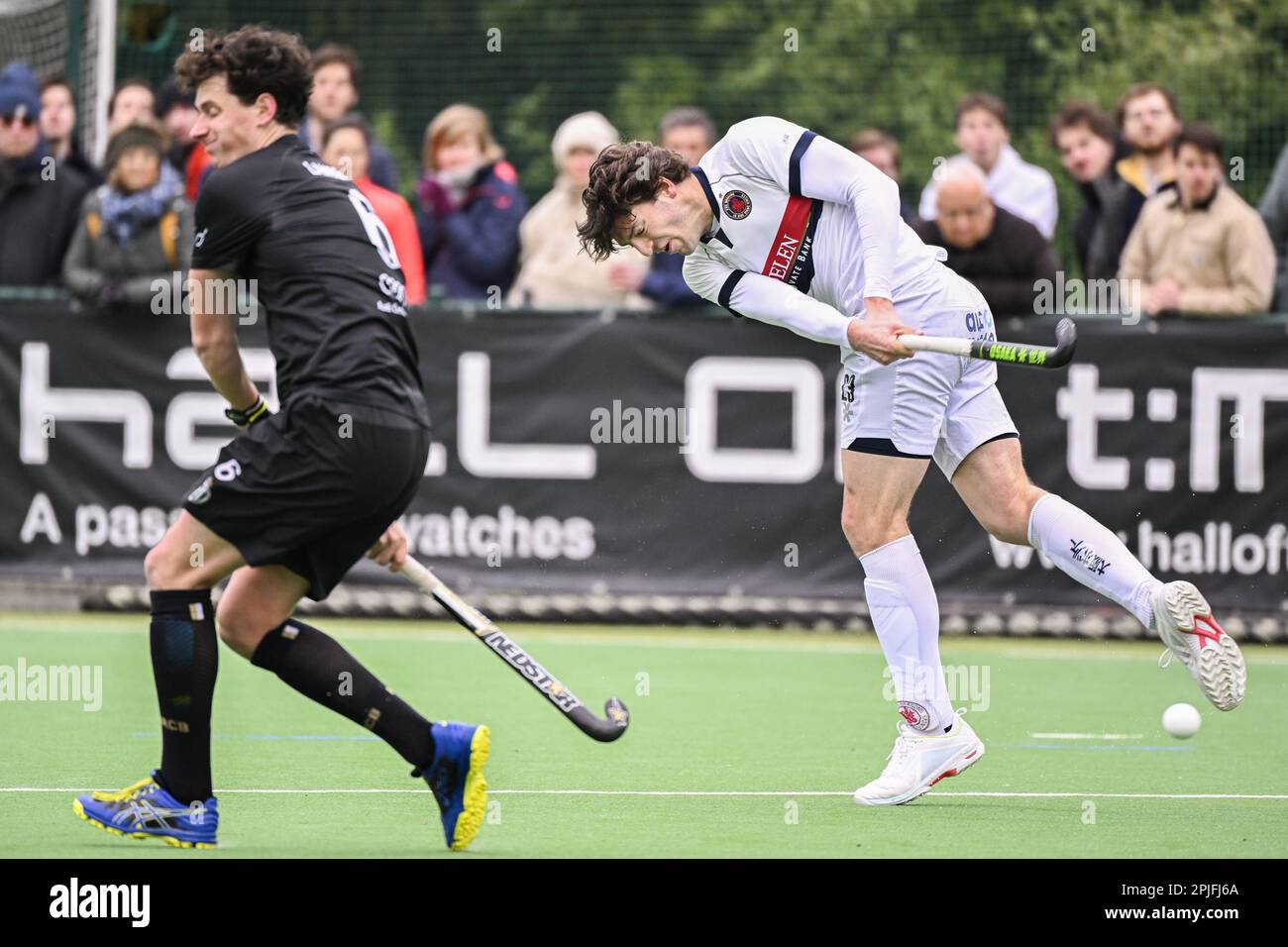 Brussels, Belgium. 02nd Apr, 2023. Dragons' Henri Raes scores a goal during a hockey game between Royal Racing Club Bruxelles and KHC Dragons, Sunday 02 April 2023 in Uccle/Ukkel, Brussels, on day 17 of the Belgian Men Hockey League season 2022-2023. BELGA PHOTO LAURIE DIEFFEMBACQ Credit: Belga News Agency/Alamy Live News Stock Photo