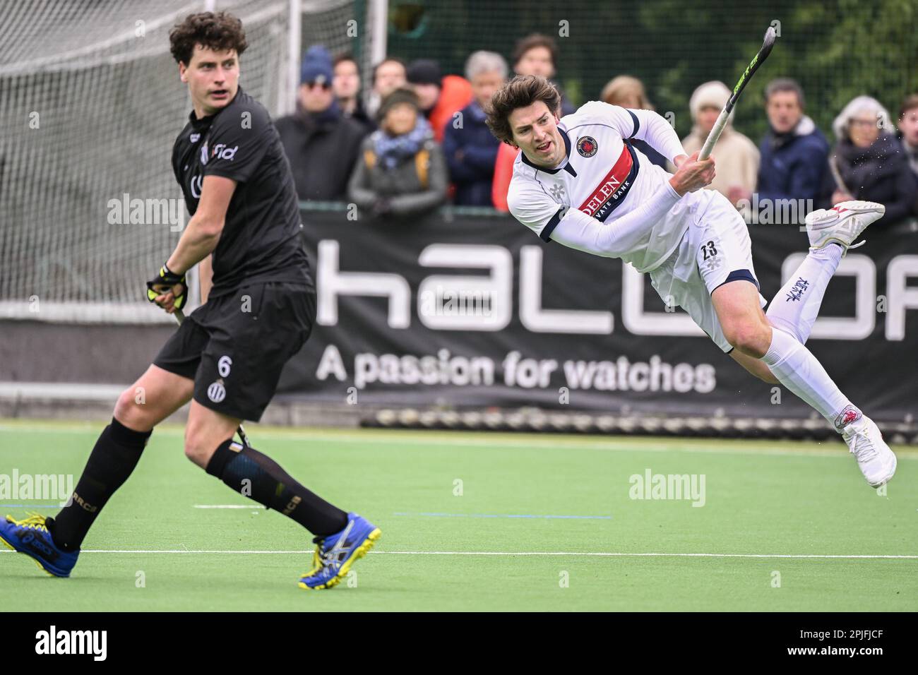 Brussels, Belgium. 02nd Apr, 2023. Dragons' Henri Raes scores a goal during a hockey game between Royal Racing Club Bruxelles and KHC Dragons, Sunday 02 April 2023 in Uccle/Ukkel, Brussels, on day 17 of the Belgian Men Hockey League season 2022-2023. BELGA PHOTO LAURIE DIEFFEMBACQ Credit: Belga News Agency/Alamy Live News Stock Photo