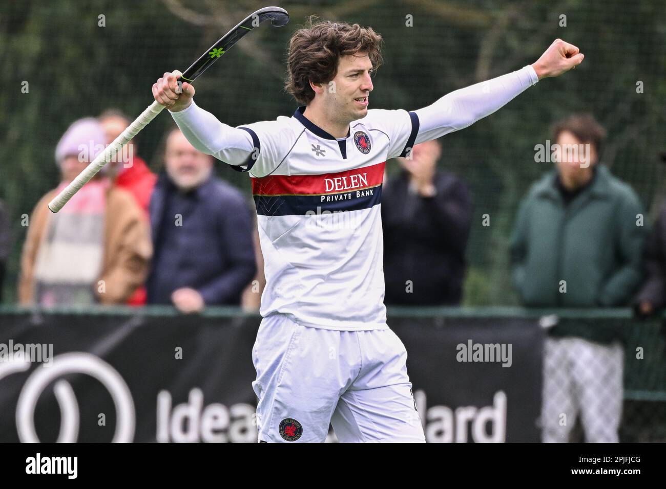 Brussels, Belgium. 02nd Apr, 2023. Dragons' Henri Raes celebrates after scoring during a hockey game between Royal Racing Club Bruxelles and KHC Dragons, Sunday 02 April 2023 in Uccle/Ukkel, Brussels, on day 17 of the Belgian Men Hockey League season 2022-2023. BELGA PHOTO LAURIE DIEFFEMBACQ Credit: Belga News Agency/Alamy Live News Stock Photo