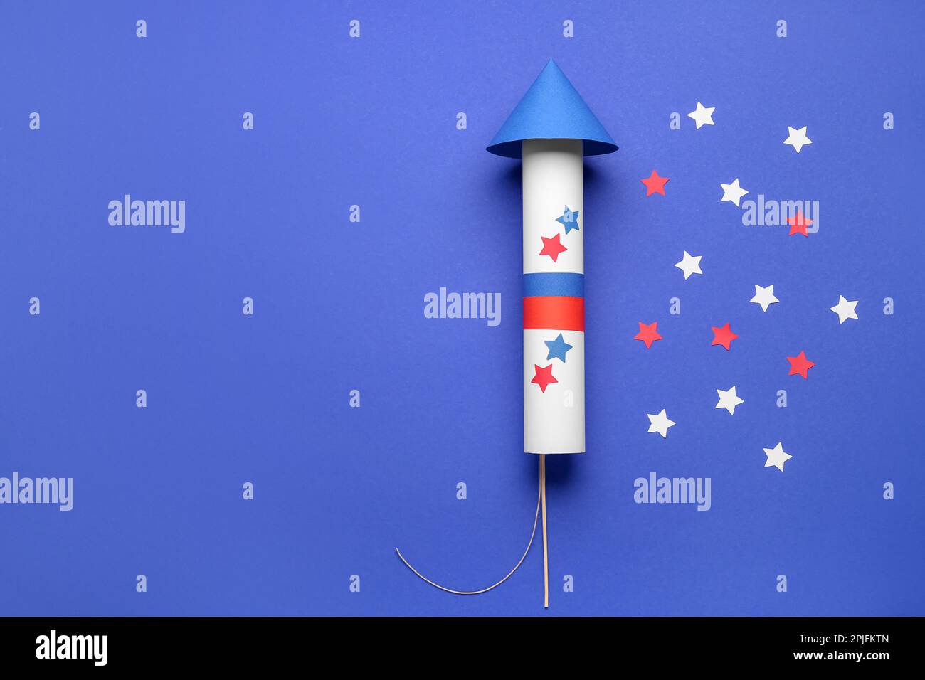 Firework rocket with stars for Independence Day on blue background ...