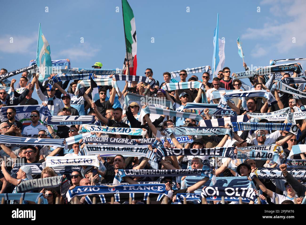 Monza, Italy, 2nd April 2023. SS Lazio fans cheer on their team during the  Serie A match at Stadio Brianteo, Monza. Picture credit should read:  Jonathan Moscrop / Sportimage Stock Photo - Alamy