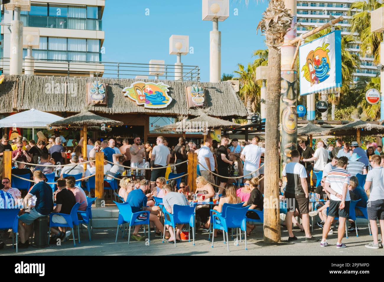 Benidorm, Spain April 01, 2023 People enjoy vacation in popular Tiki