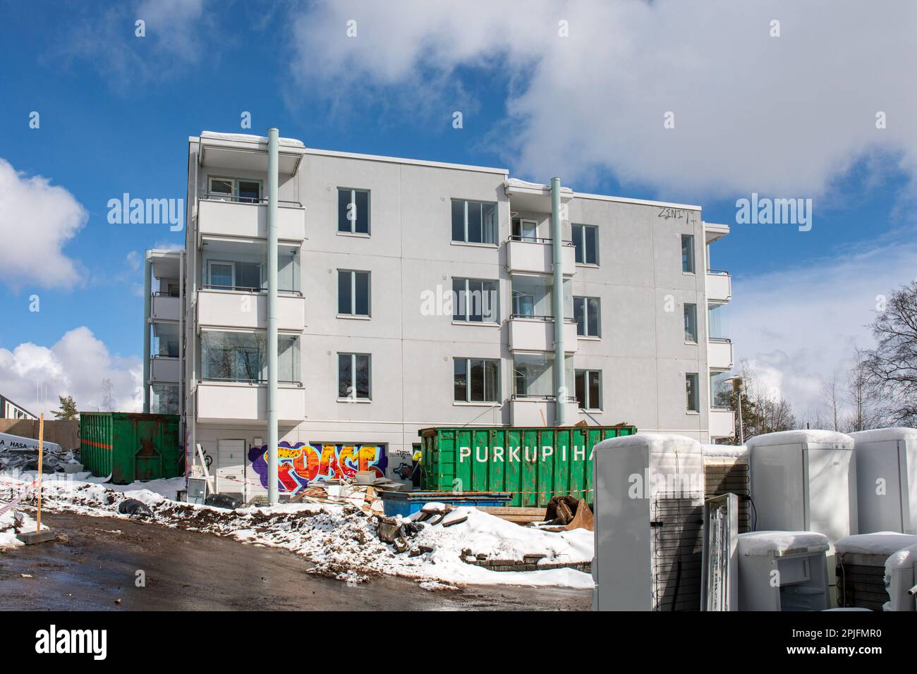 Urheilukatu 9 demolition site on a sunny spring day in Laakso district of Helsinki, Finland Stock Photo
