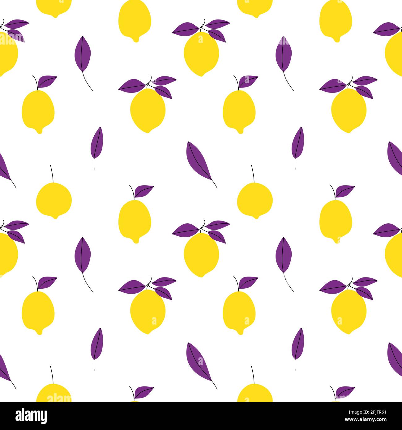 Bright yellow lemons with violet leaves simple seamless pattern Stock Vector