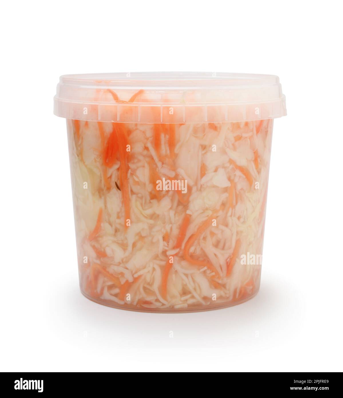 Plastic bucket full of sauerkraut isolated on white. Stock Photo