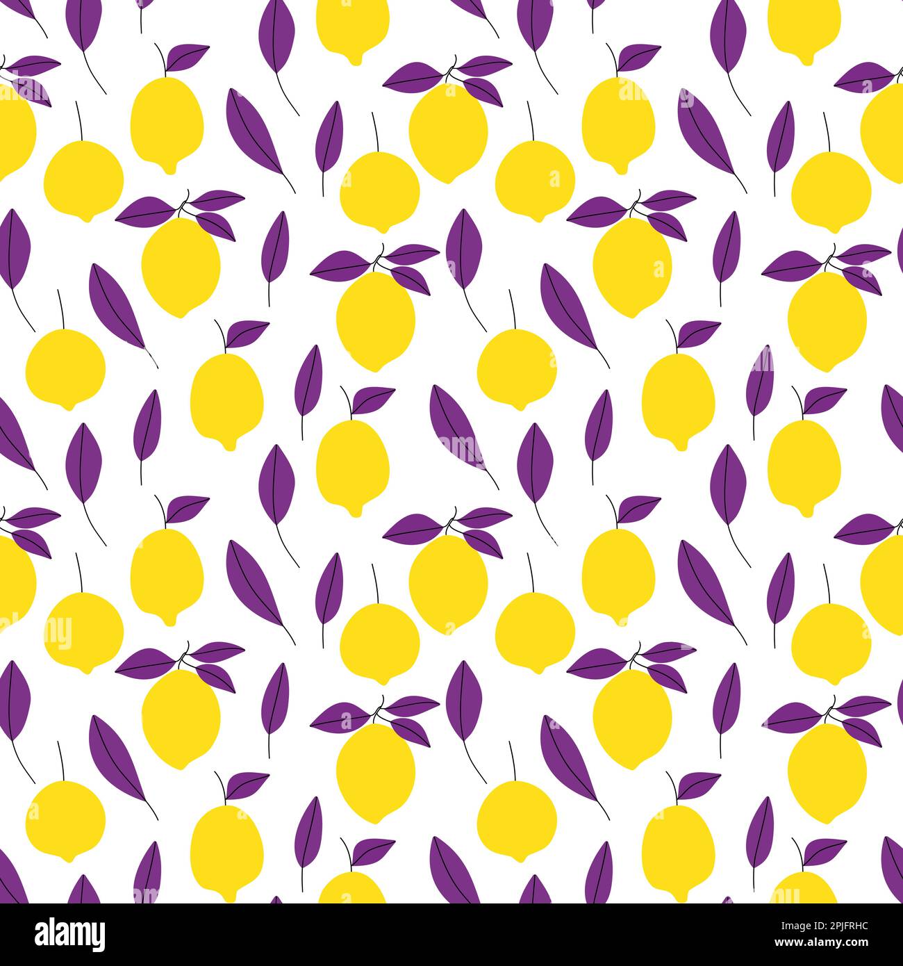 Bright yellow lemons with violet leaves simple seamless pattern Stock Vector