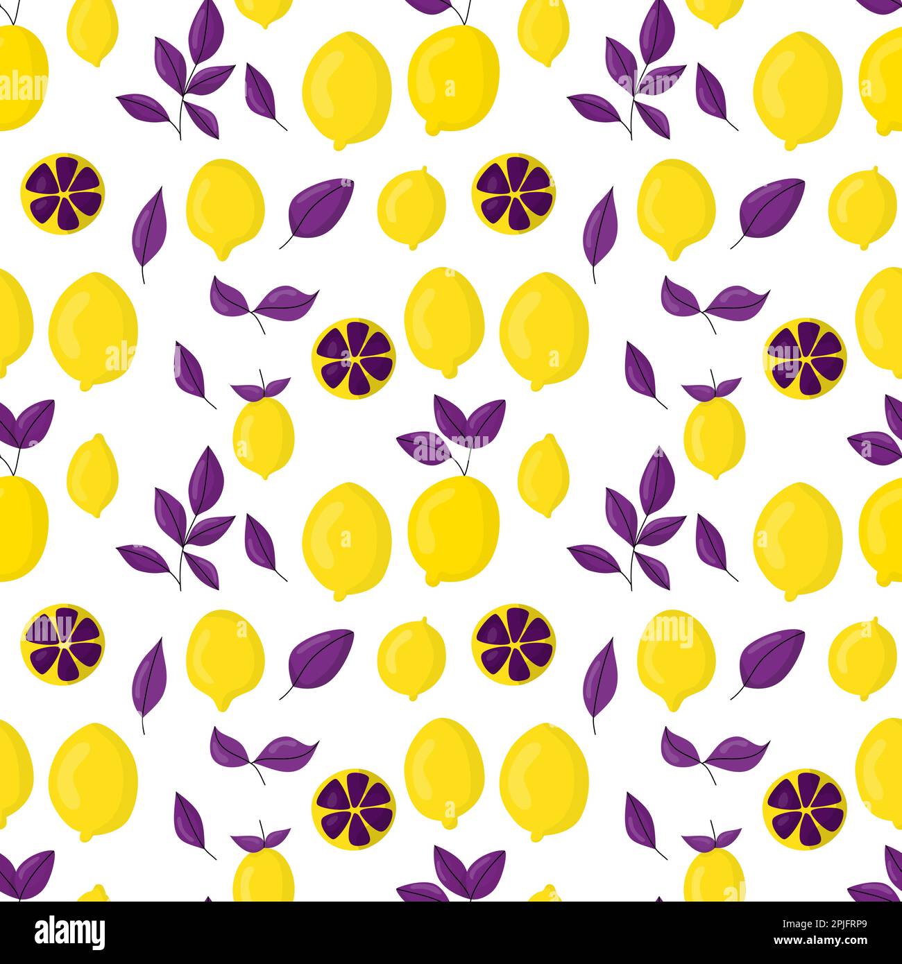 Bright yellow lemons with violet leaves simple seamless pattern Stock Vector