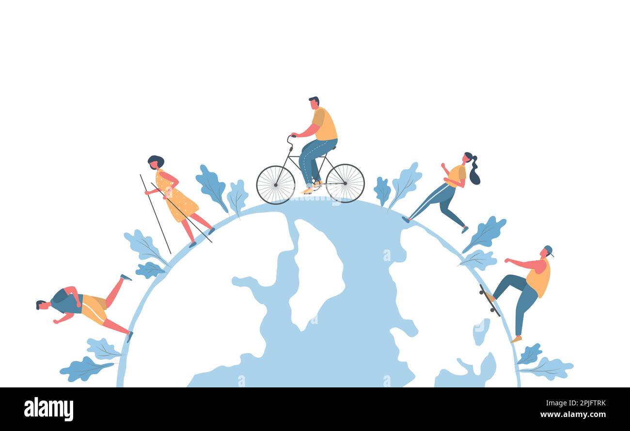 People around the globe. Healthy lifestyle concept. Men and women are resting: ride a bike, skateboarding, run, walk. Flat style. Vector illustration Stock Vector