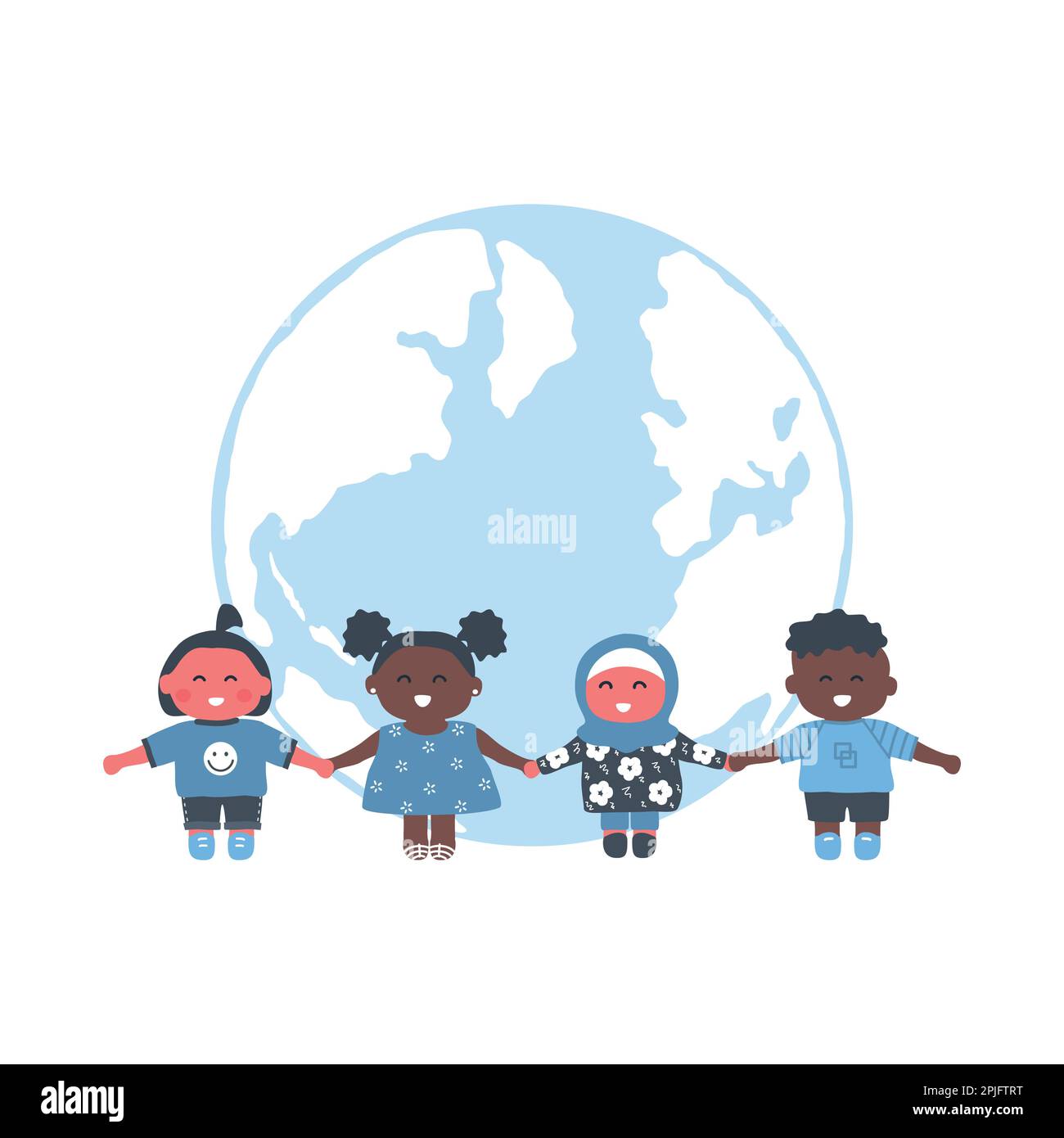 Multicultural group of children holding hands. Kids stand on the globe background. Happy baby girls and baby boys. Vector illustration Stock Vector