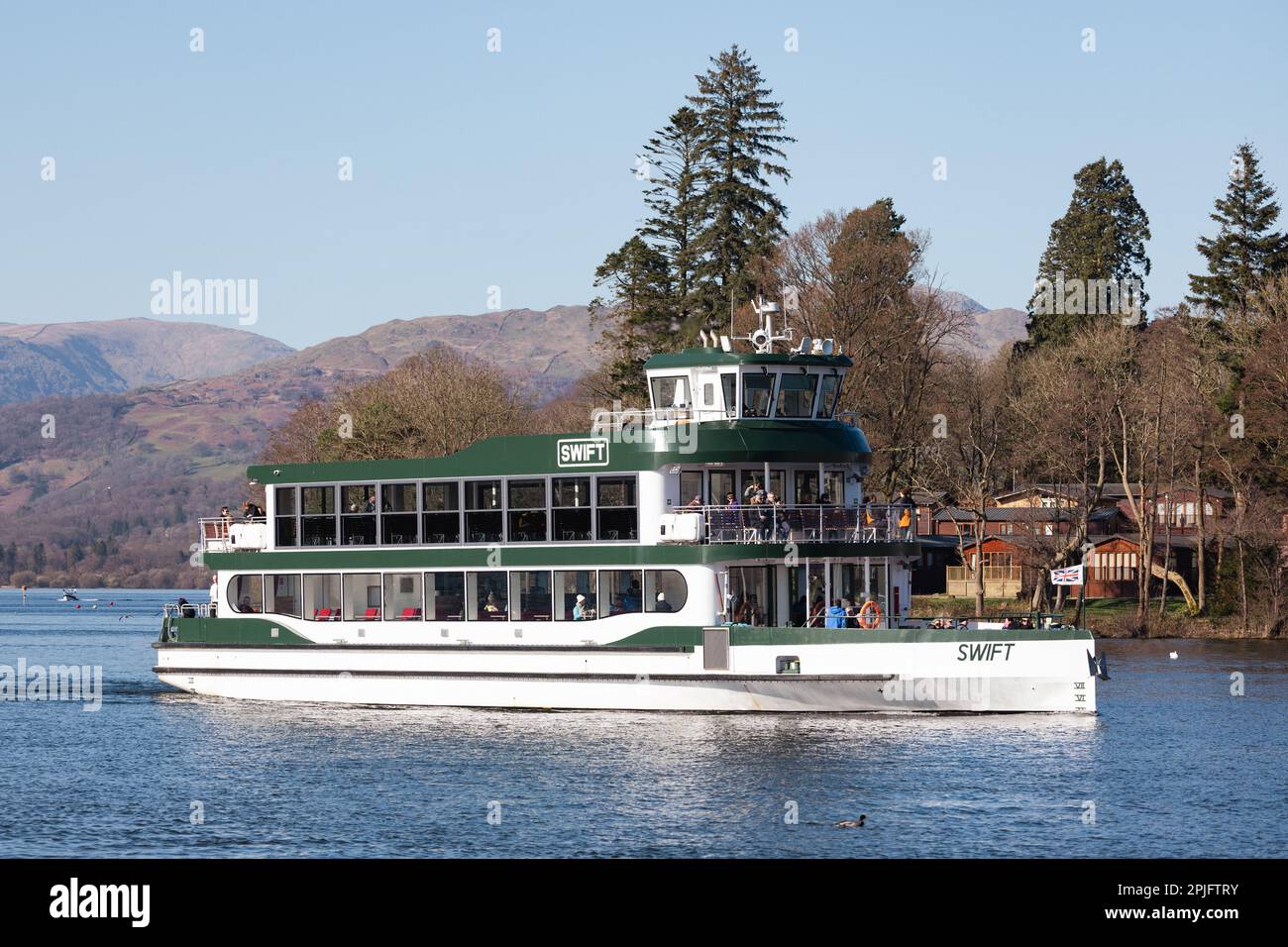 2nd April  2023 .UK Weather  Lake Windermere  Sunny afternoon brings out boats of all sizes to make the most of the weather The MV Swift built 2021 .  Credit: Gordon Shoosmith/ Live News Stock Photo