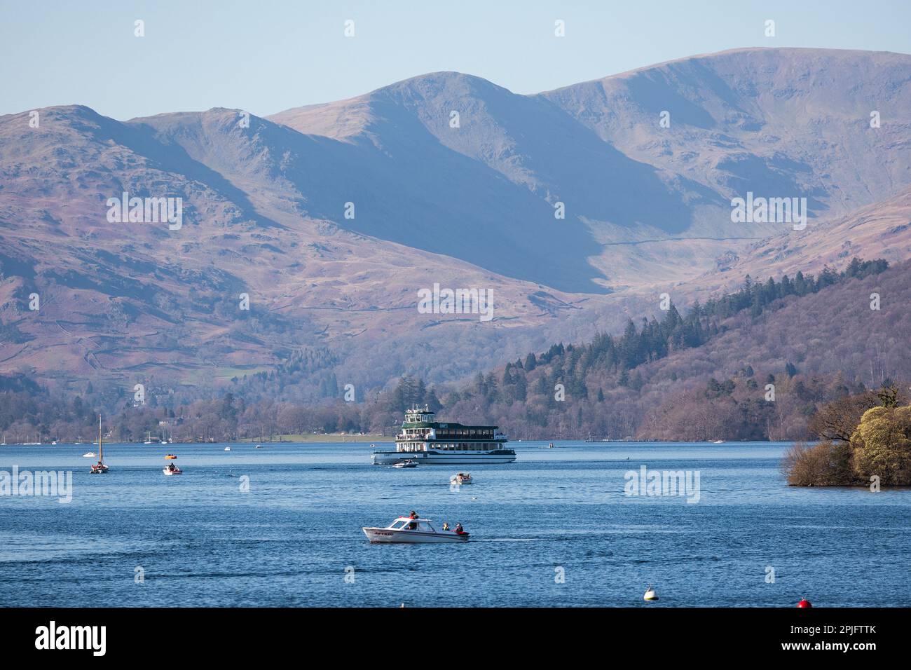 2nd April  2023 .UK Weather  Lake Windermere  Sunny afternoon brings out boats of all sizes to make the most of the weather The MV Swift built 2021 .  Credit: Gordon Shoosmith/ Live News Stock Photo