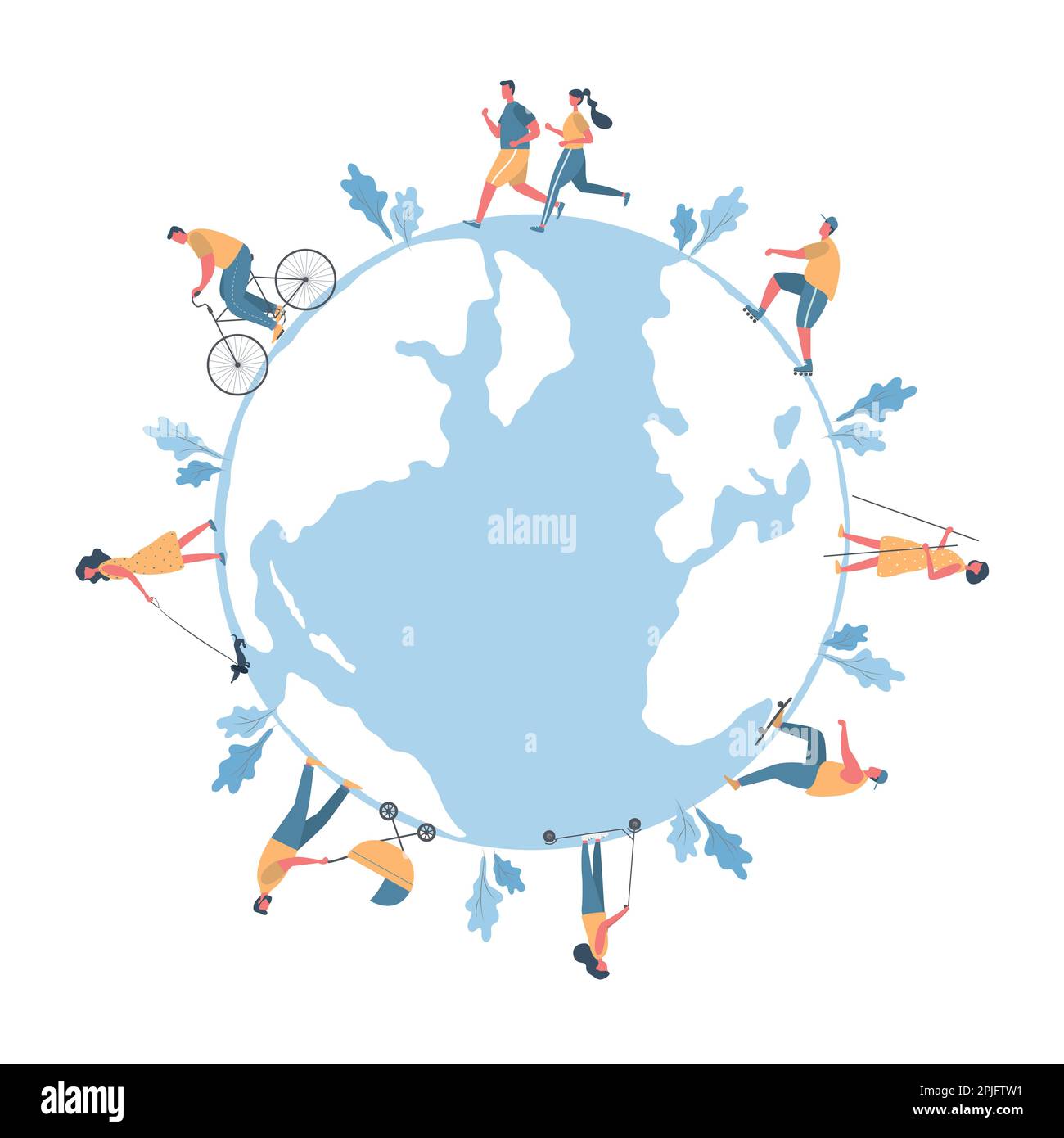 People around the map of world. Healthy lifestyle concept. Men and women are resting: ride a bike, rollerblading, scooter, walk with baby stroller, wa Stock Vector