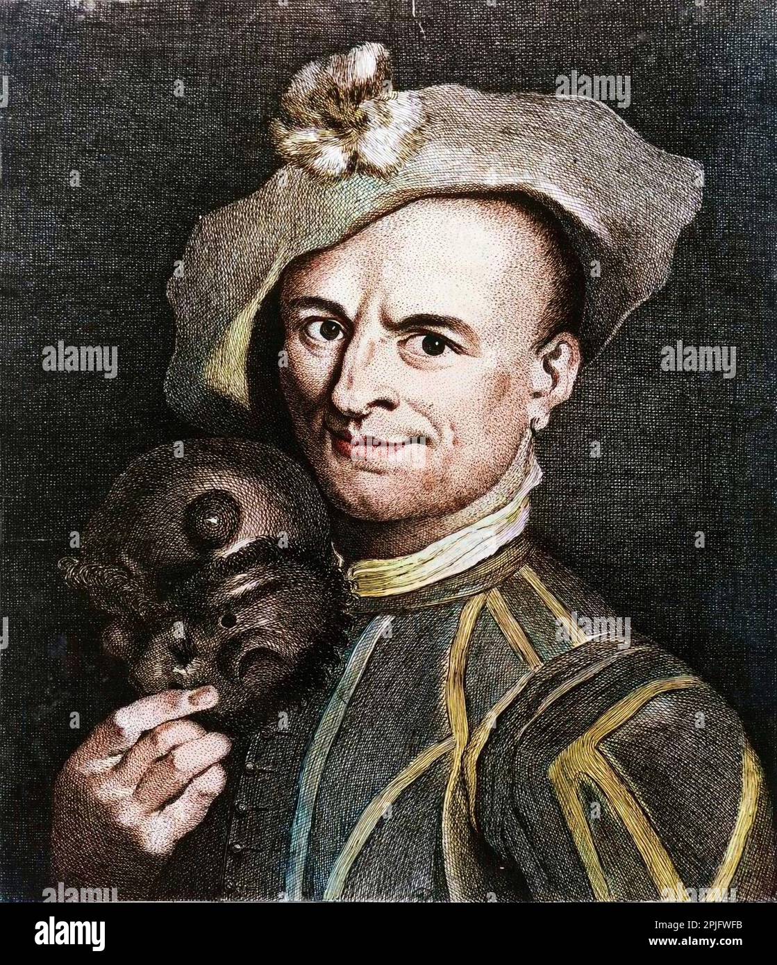 Tommaso Antonio Visentini (1682-1739), dit Thomassin, fut l’Arlequin de la Comédie-Italienne, de 1716 à 1739, et le créateur en 1730 de l’Arlequin du Jeu de l’amour et du hasard de Marivaux. - Portrait of Tommaso Antonio Visentini known as Thomassin (Vicenza 1682-Paris 1739), dressed as Harlequin Stock Photo