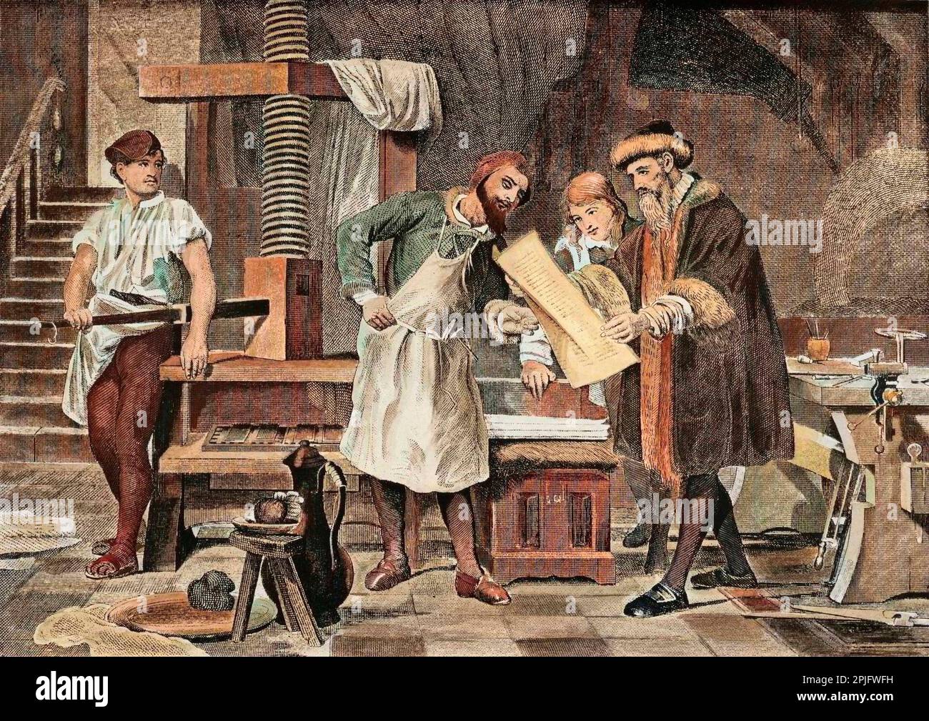 Johannes Gutenberg (1400-1468), imprimeur allemand et sa presse a imprimer. Stock Photo