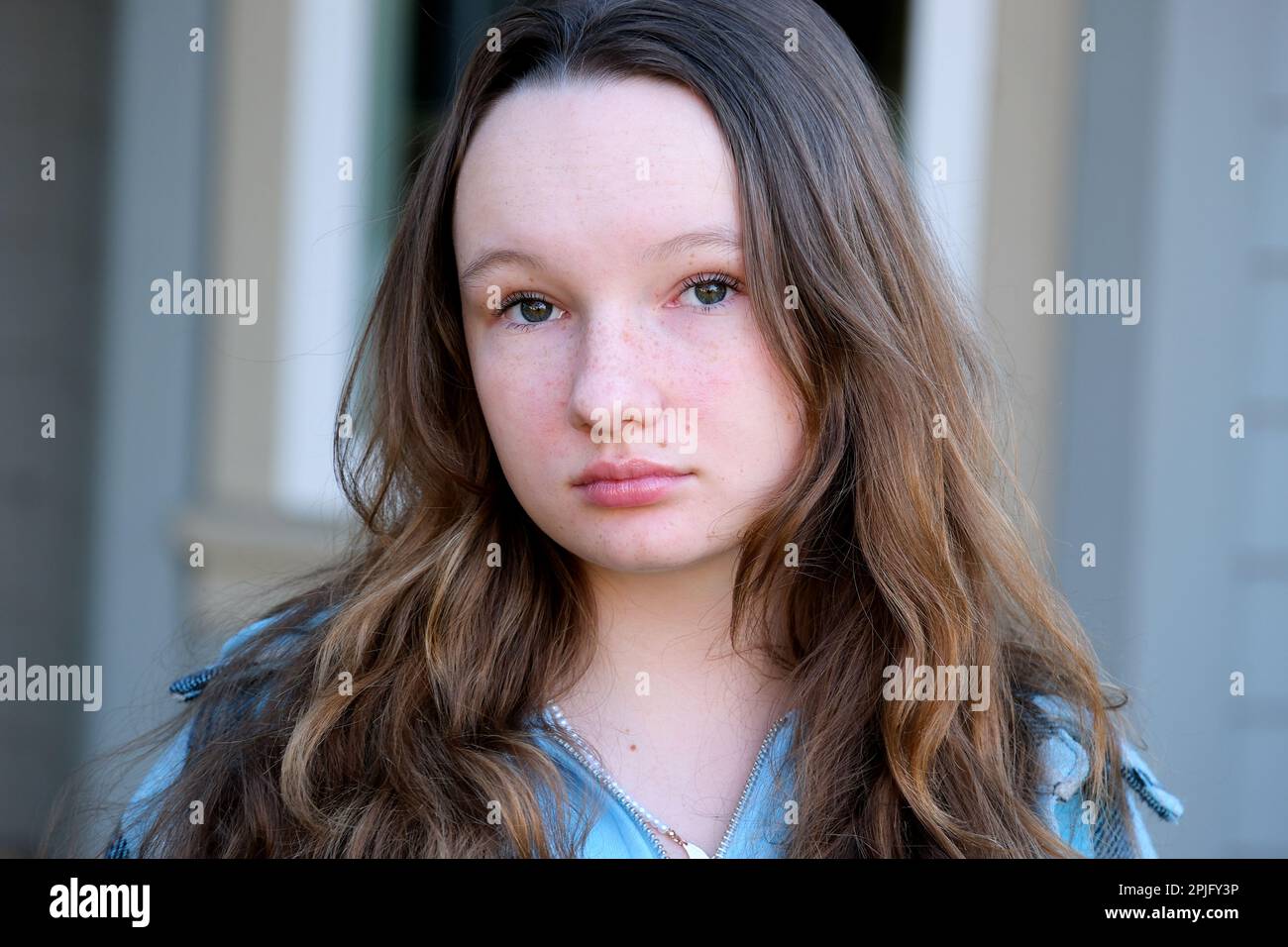 Calm serious beautiful millennial American woman with thick hair looking forward at camera posing indoors. Attractive focused young adult gen z lady face without smile. Close up portrait. Stock Photo