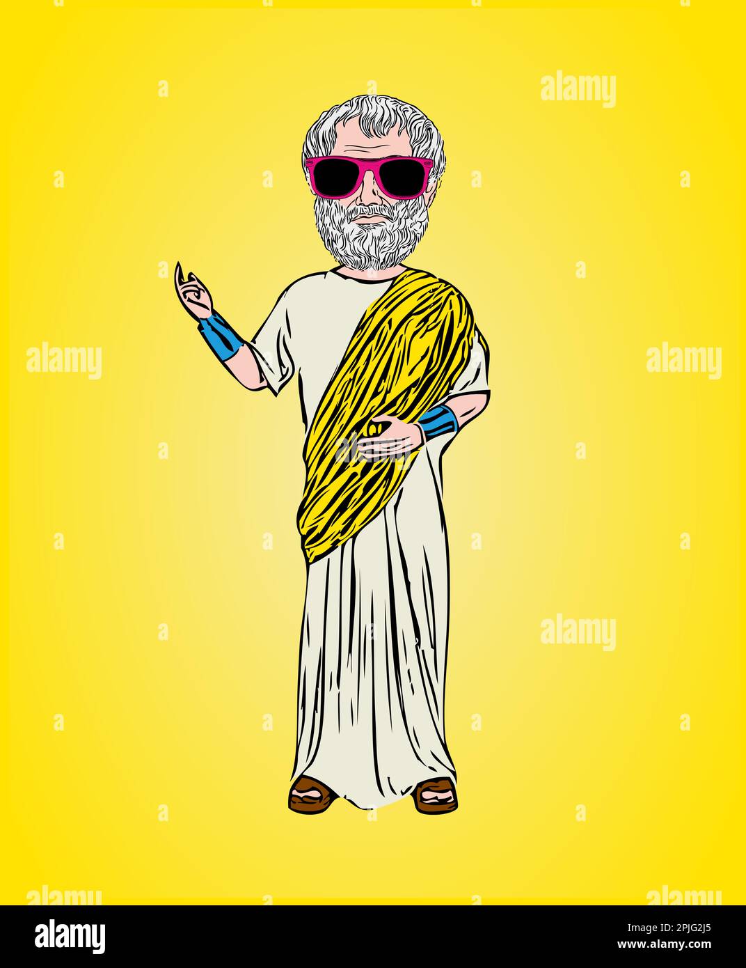 creative and modern hipster philosopher Aristotle with beard and pink sunglasses on a yellow background. Stock Photo
