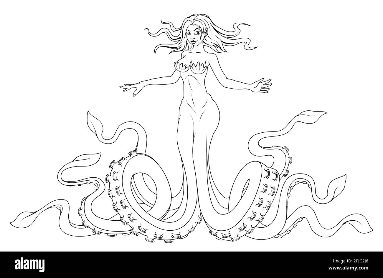 Kraken girl. Octopus woman sketch vector illustration. Beautiful sea creature Stock Vector