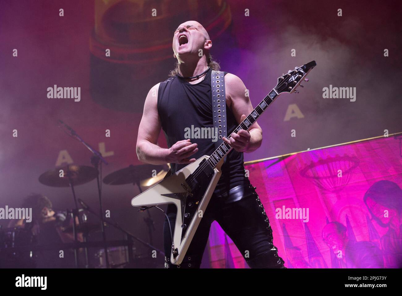 Pamplona, Spain. 31st Mar, 2023. Xabi Bastida, from ''Su Ta Gar'', plays  the guitar during the presentation of the Basque heavy metal group during  the Iruna Rock festival. (Photo by Nacho Boullosa/NurPhoto)