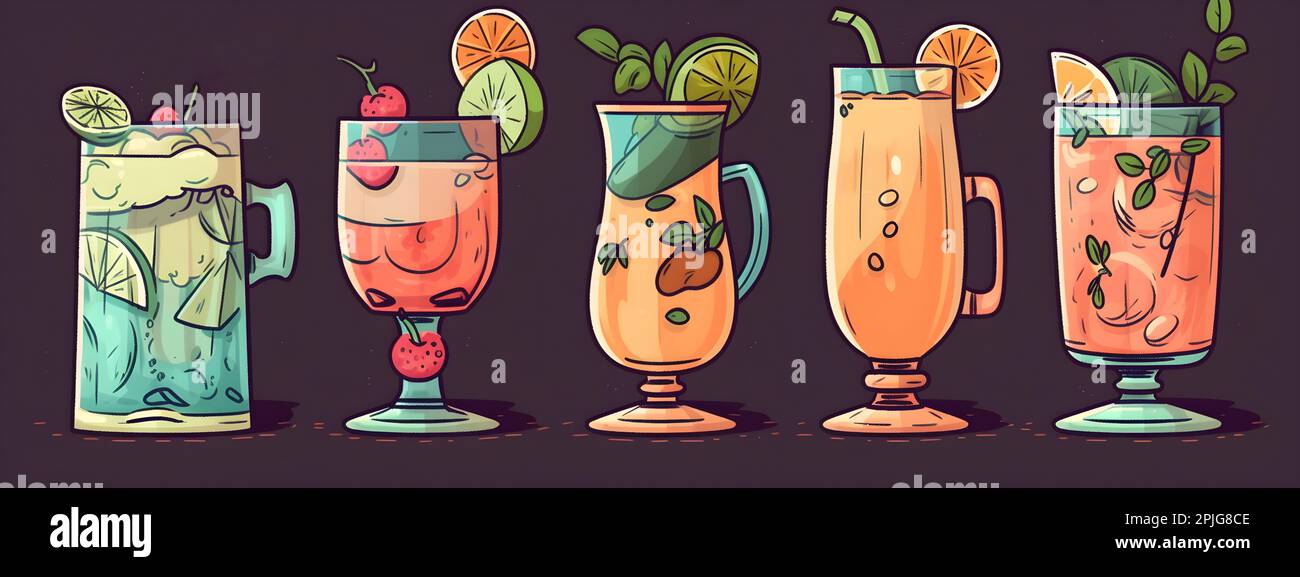 Non alcoholic cold summer cocktail drinks and lemonades in different glasses. Bright fruity fancy mocktails Japanese Chibi style illustration long wid Stock Photo