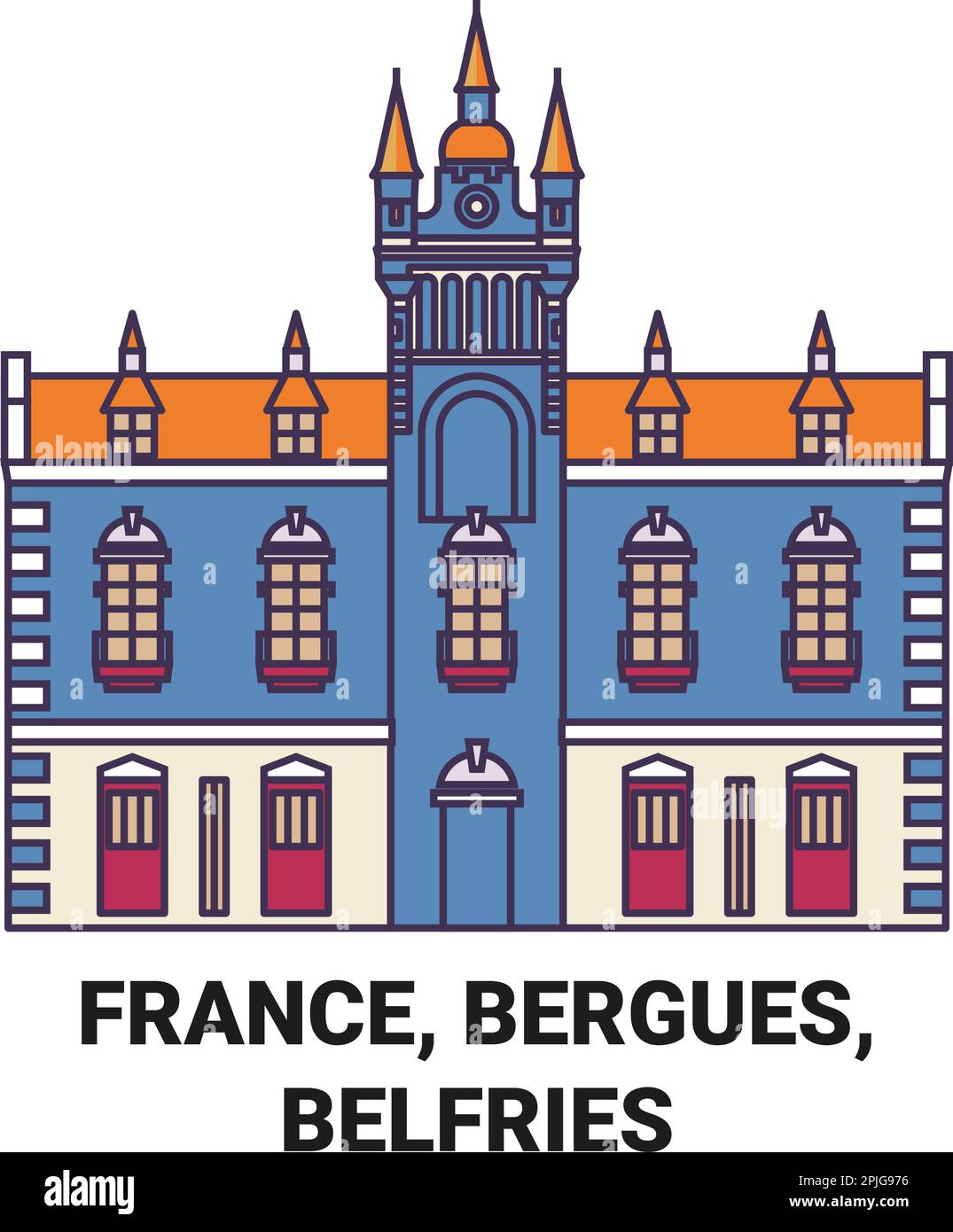 France, Bergues, Belfries, travel landmark vector illustration Stock Vector