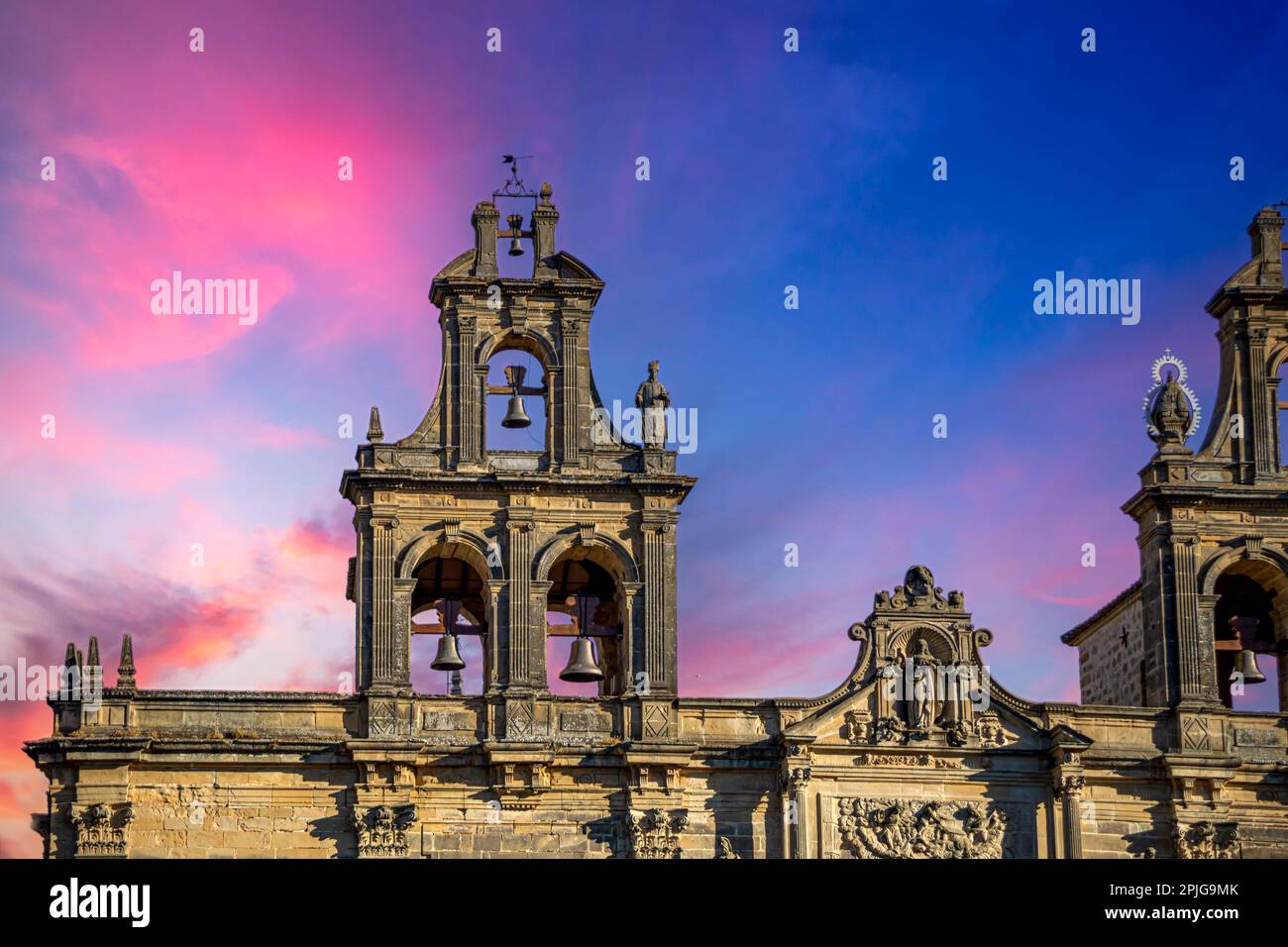 Detail of one of the bell towers of the Basilica de Santa Mara de los Realez Alczares de beda, Jaen, Spain Stock Photo