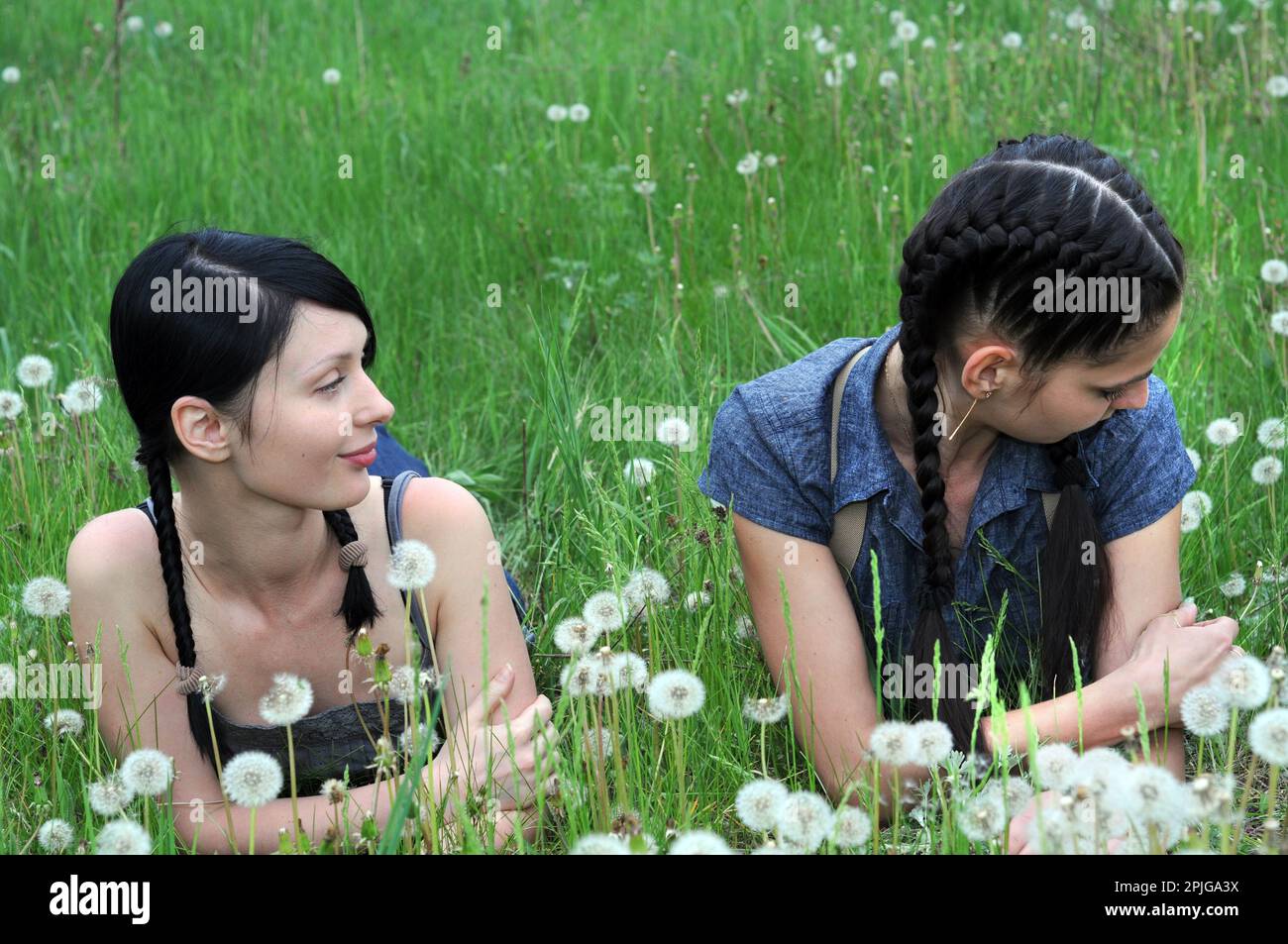two young beautiful women in the silent communication at the spring meadow Stock Photo