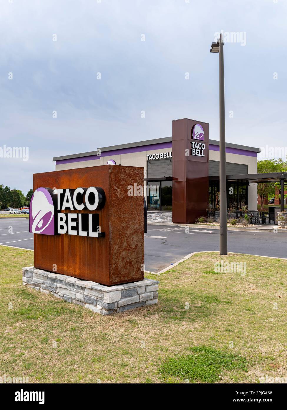 Taco Bell front entrance to fast food restaurant  showing the corporate logo and current design in Montgomery, Alabama USA. Stock Photo