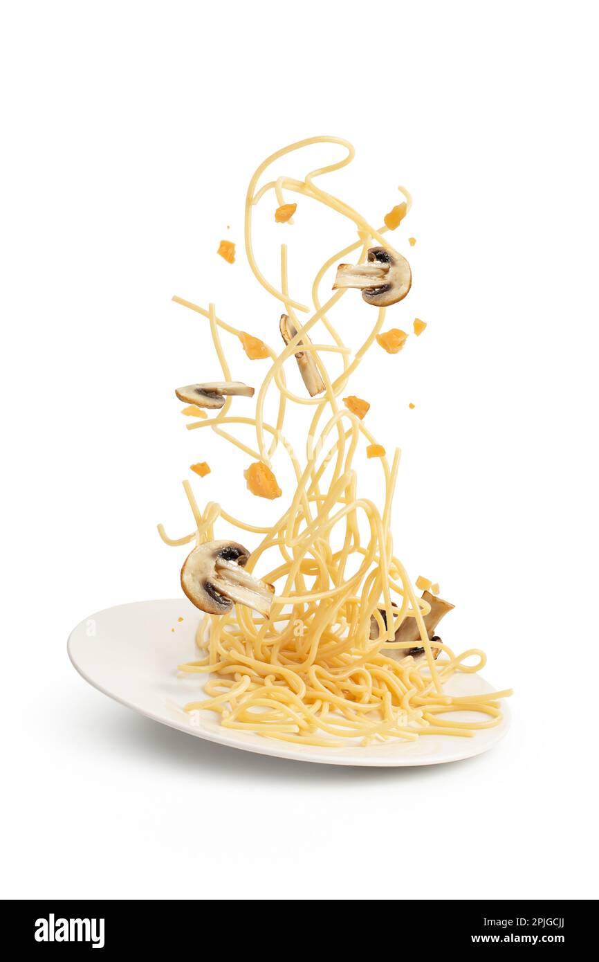 Pasta with mushrooms and cheese on a white background, levitation