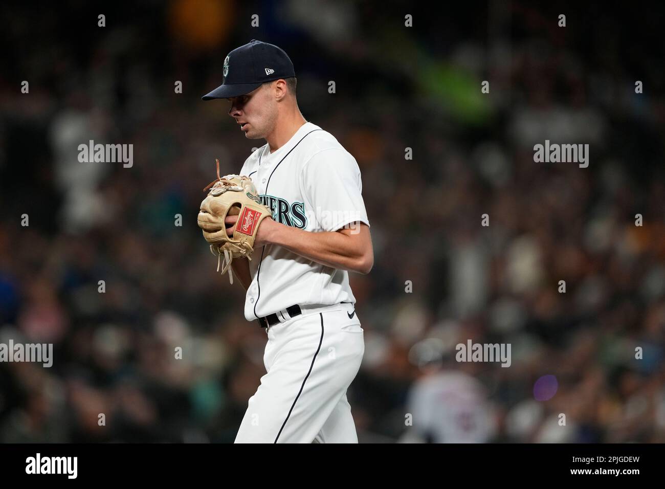 Seattle Mariners relief pitcher Matt Brash walks off the field after facing  the Cleveland Guardians in the seventh inning during an opening day  baseball game Thursday, March 30, 2023, in Seattle. (AP