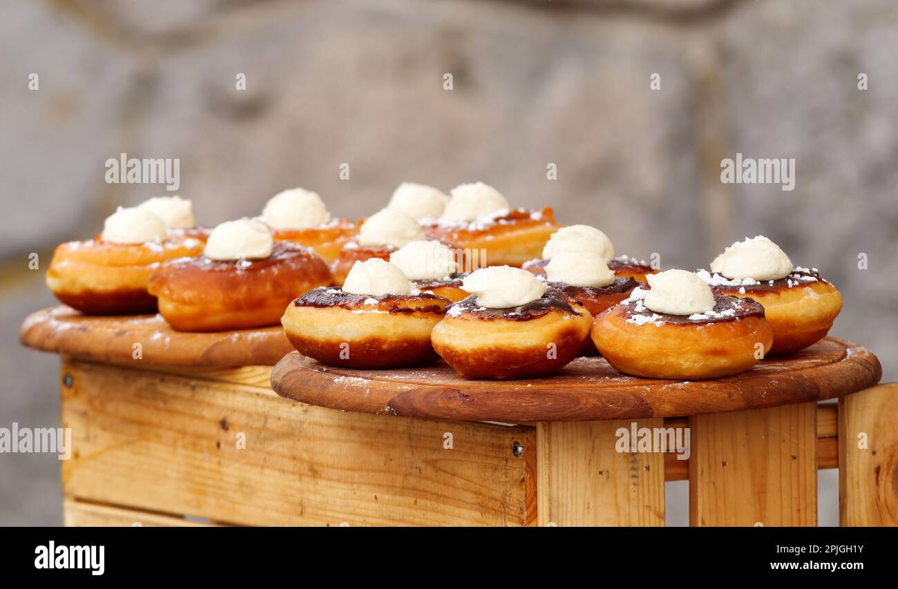 Bavarian doughnuts, deep fried doughnuts with fruit jam and farmers